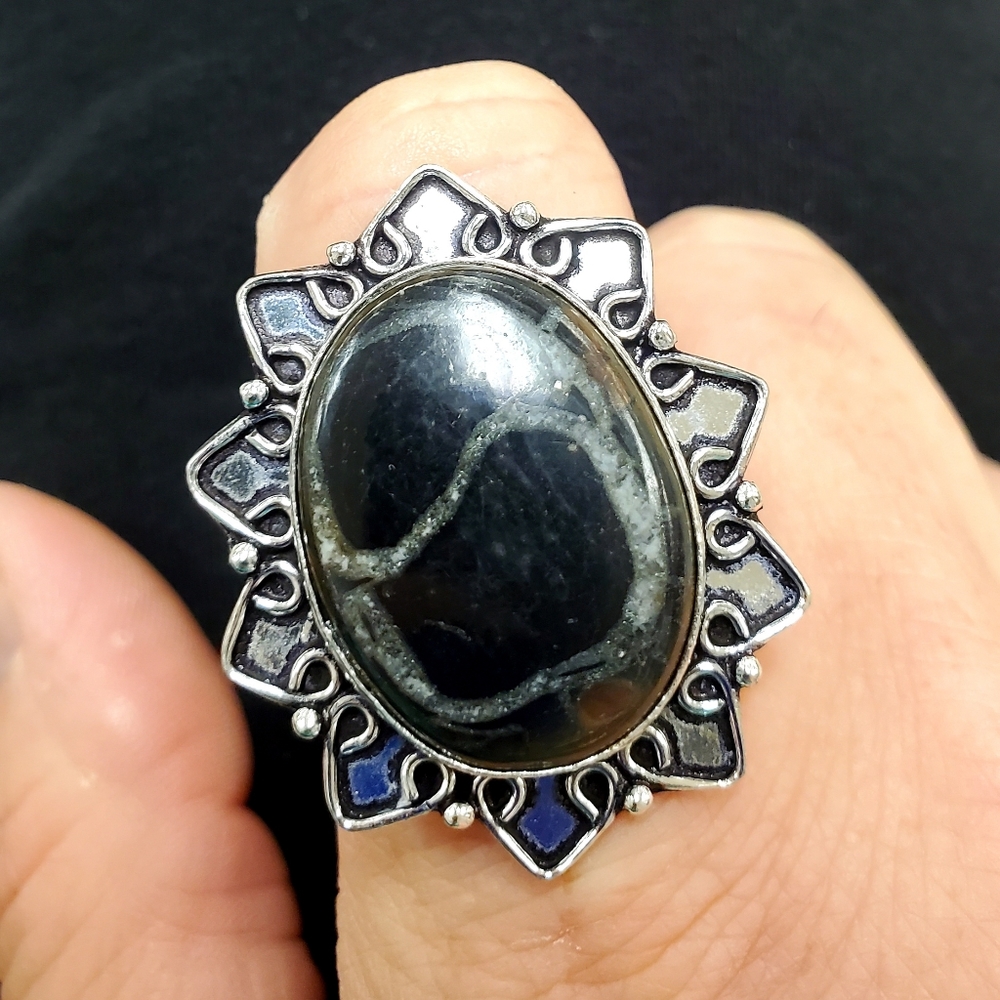New Mud Crack Jasper Fossil 925 Silver Ring.